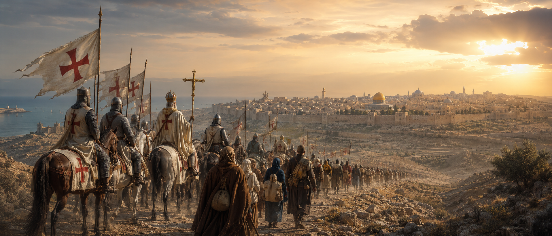 Crusaders and pilgrims approaching Jerusalem at sunset
