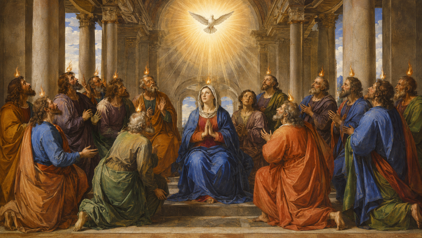 Pentecost with the Apostles, the Blessed Virgin Mary and the descent of the Holy Ghost