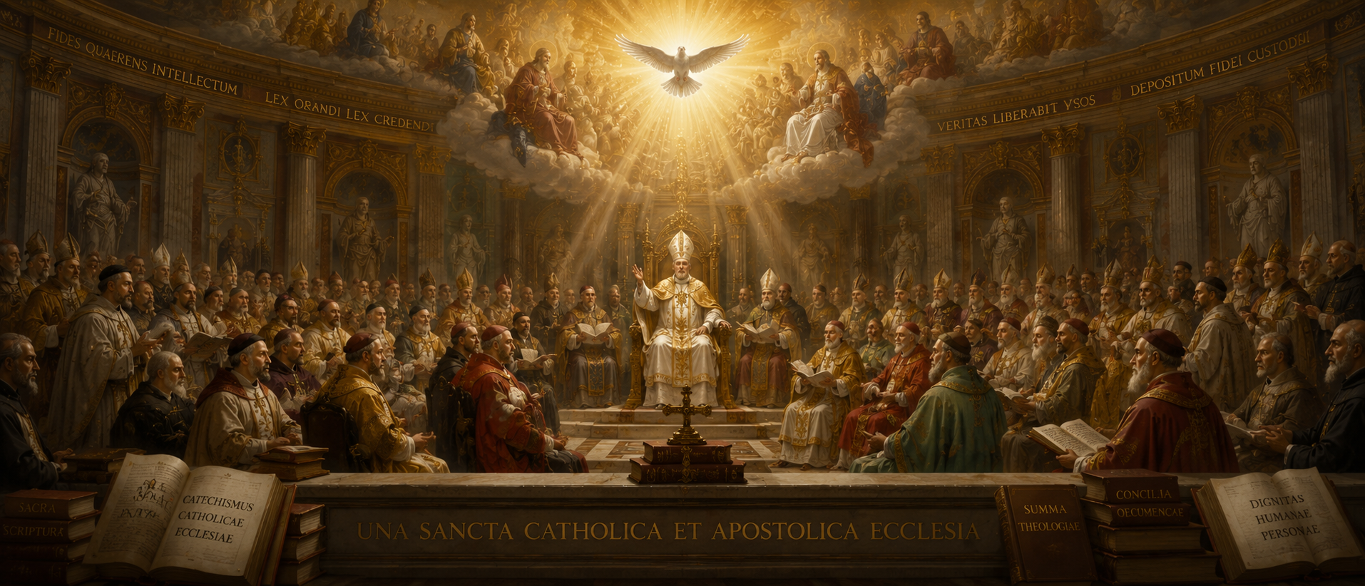 Wide sacred-doctrine tableau with Christ teaching, the Holy Ghost, bishops, theologians and the written sources of Catholic doctrine