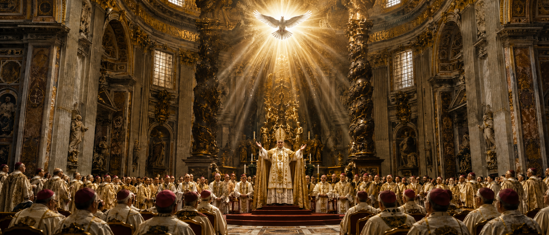 Wide artistic reconstruction of Pope Pius IX wearing a mitre and solemnly teaching before the bishops during the First Vatican Council, with the Holy Ghost represented above