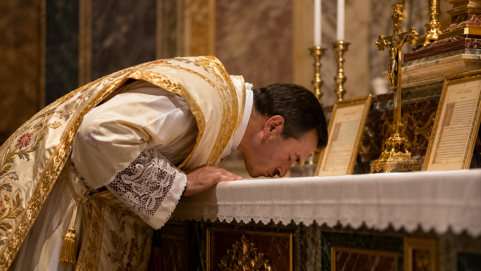 The priest kisses the altar in the traditional Roman rite