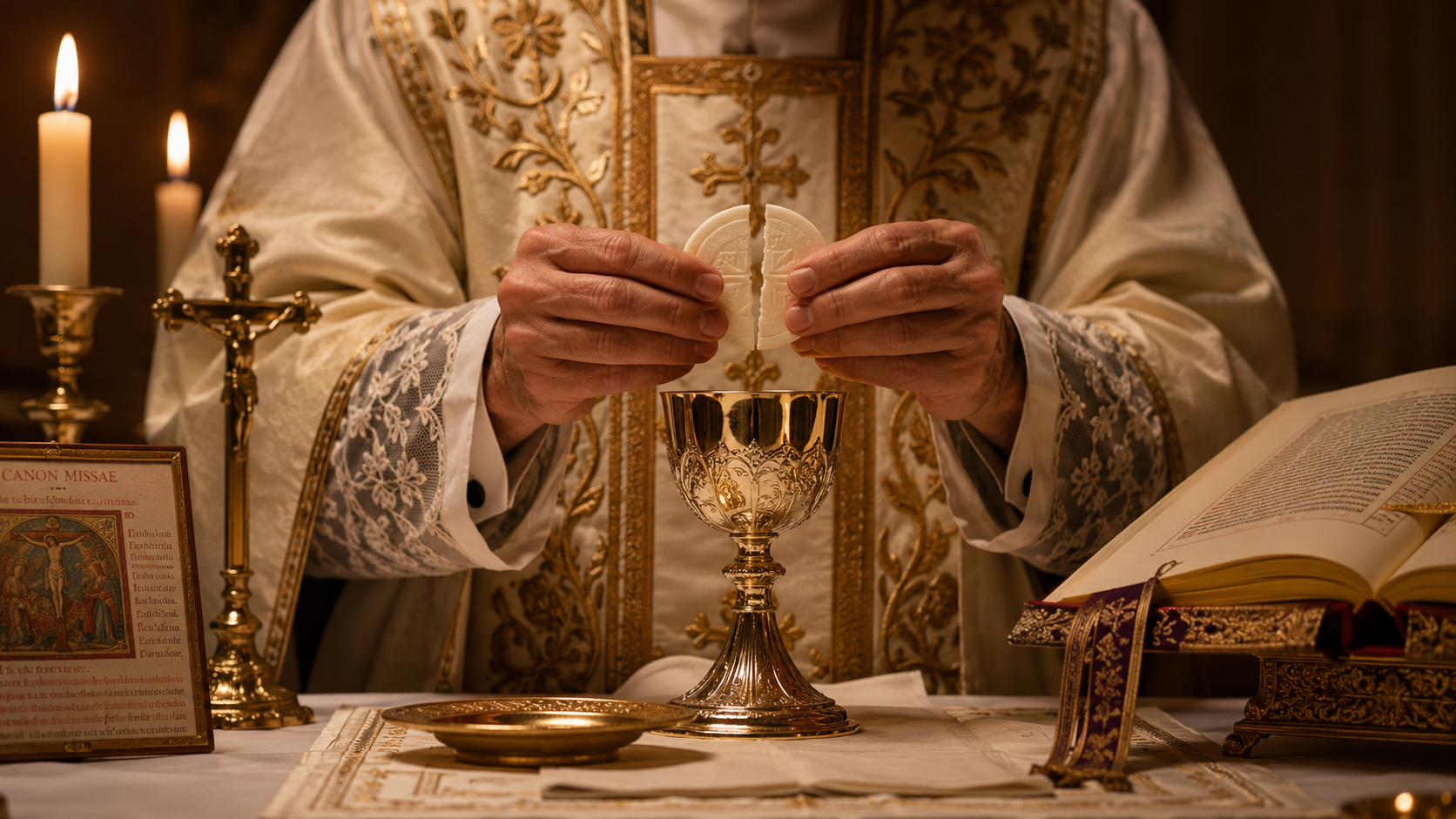 The priest breaks the Host above the Chalice in the traditional Roman rite