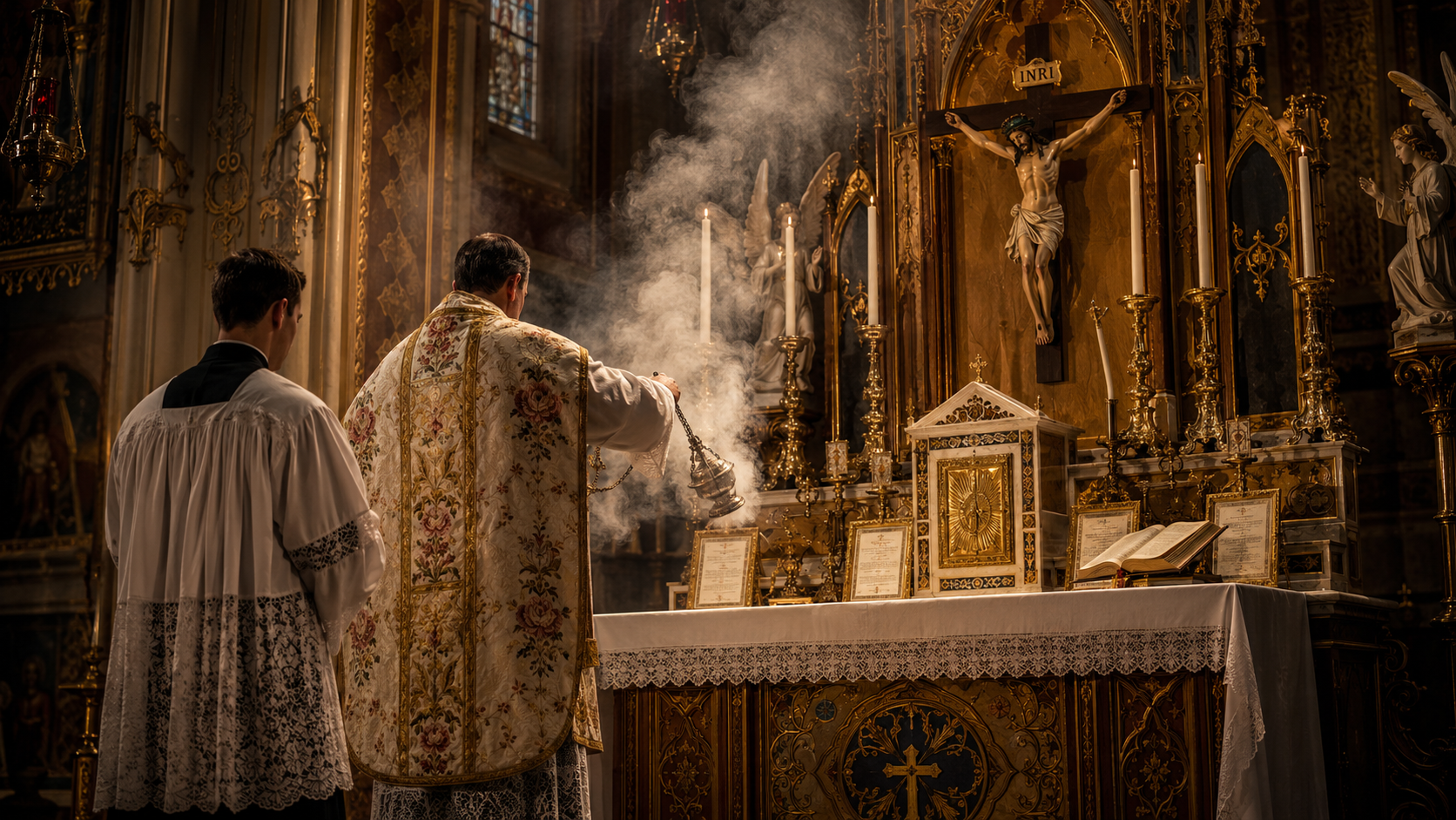The priest incenses the altar in the traditional Roman rite