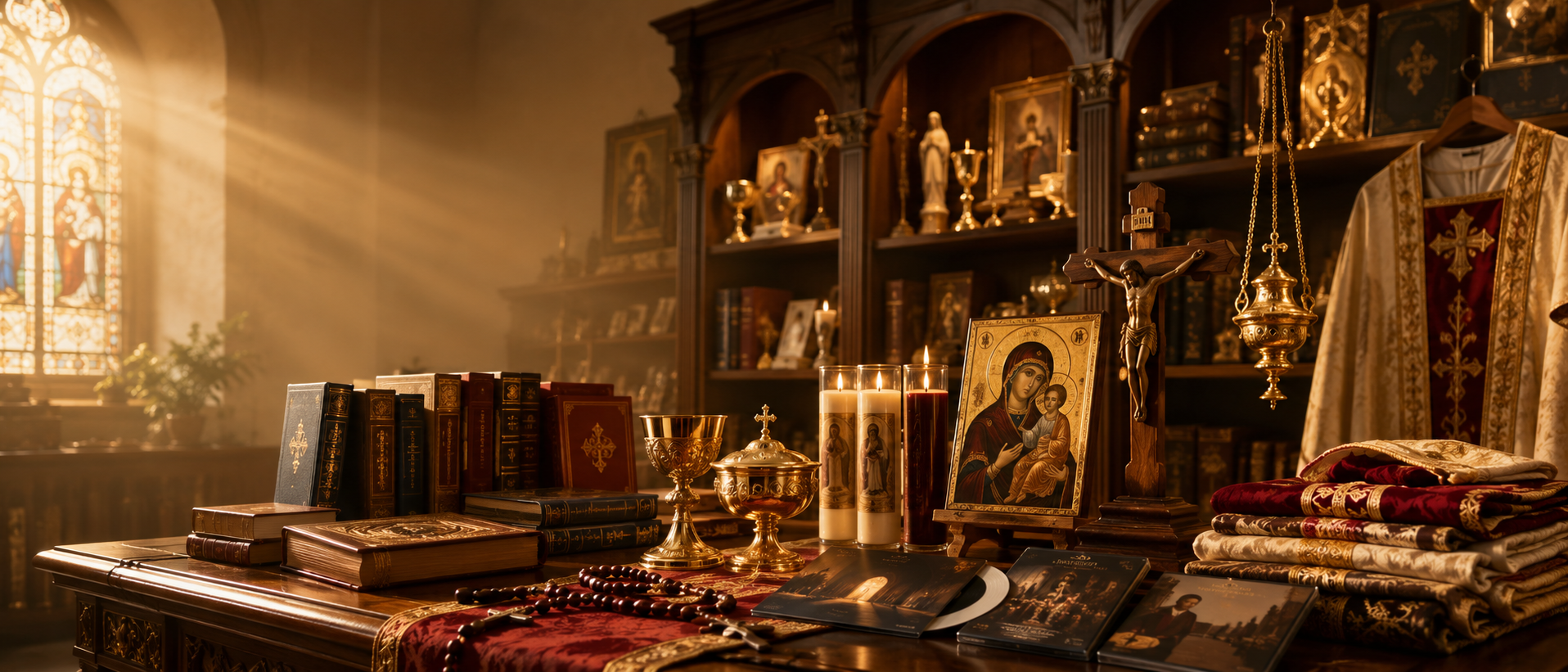 Catholic goods arranged in a warm library setting