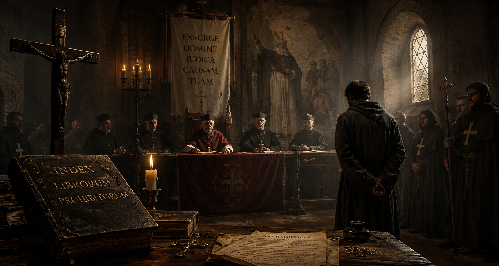 Historical scene of an ecclesiastical tribunal in a candlelit chamber