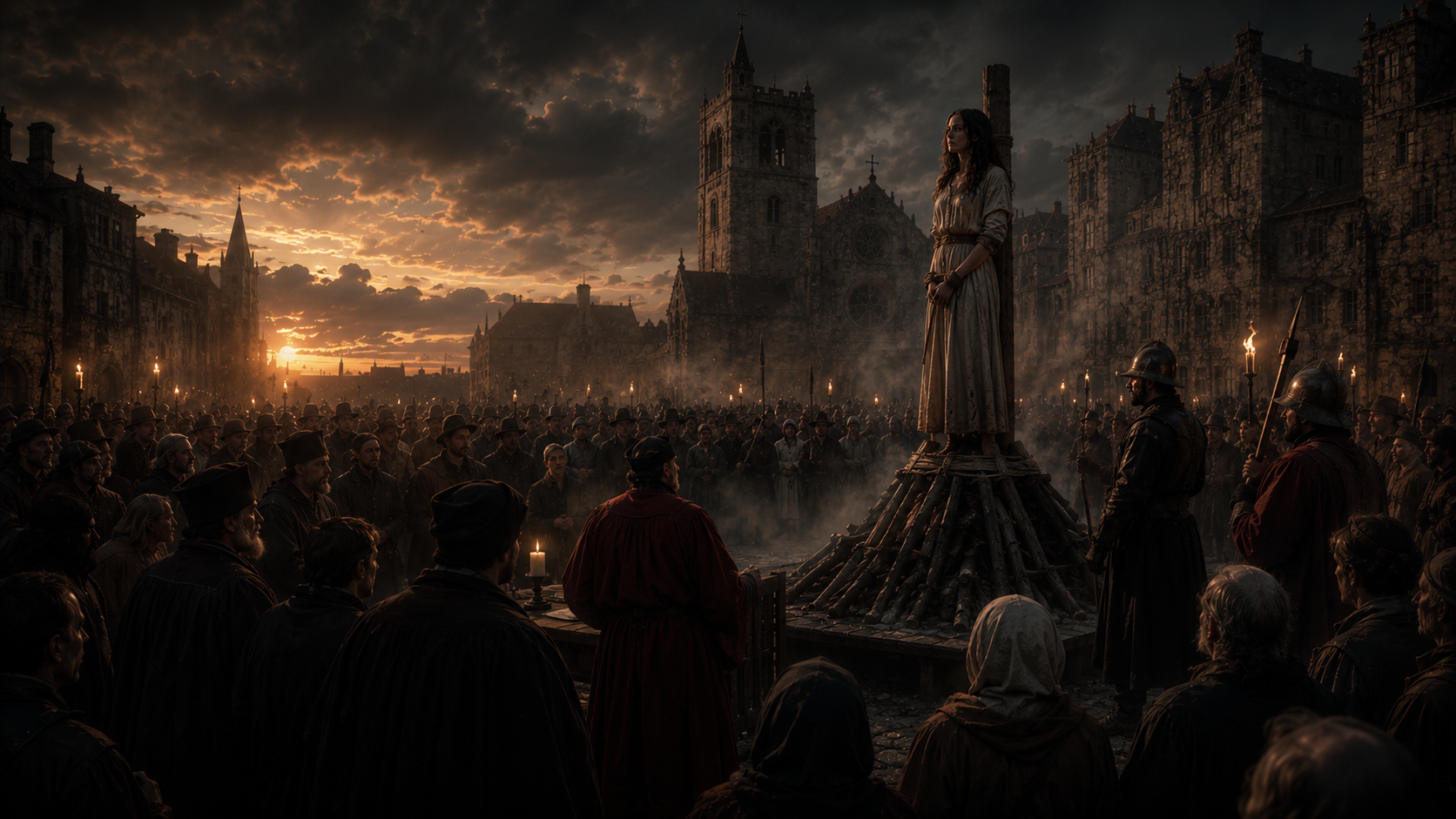 Historical witch-trial execution scene in a crowded early modern city