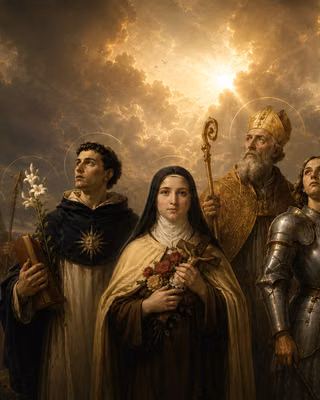 The communion of saints beneath a luminous heavenly sky