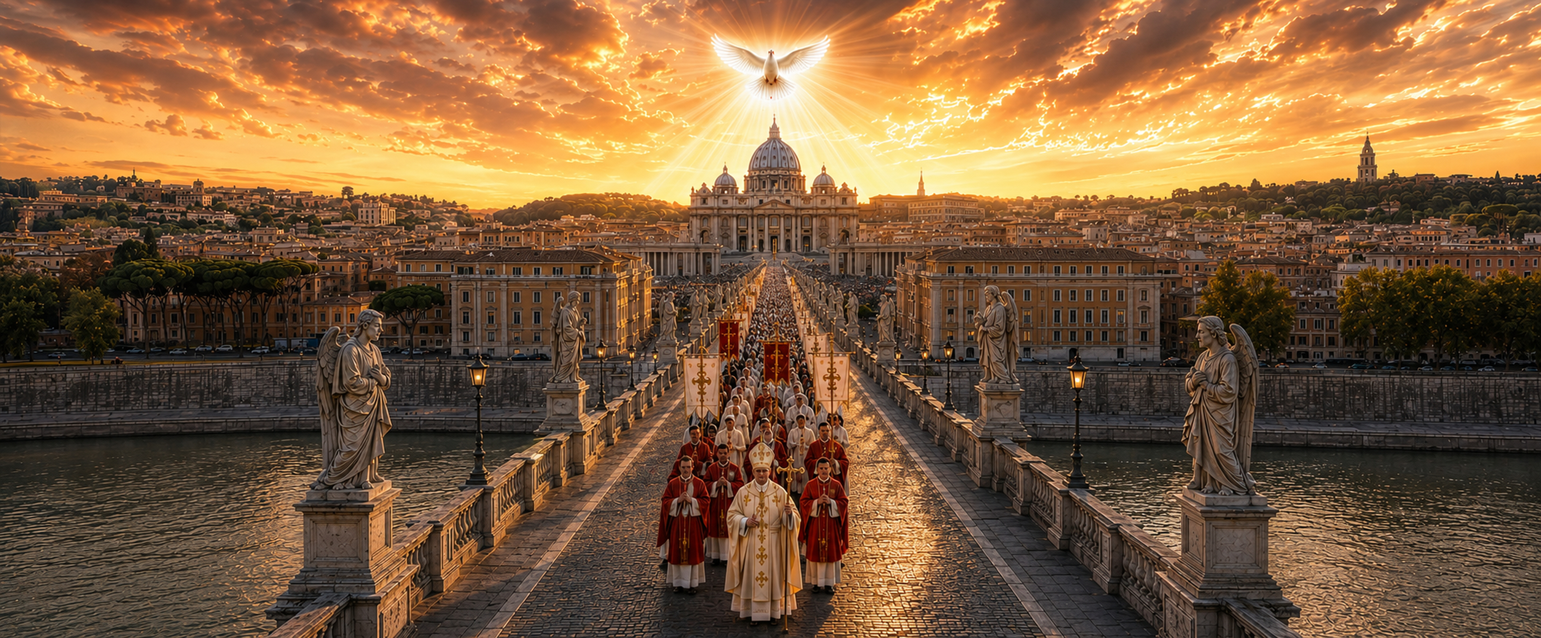 Catholic procession toward Saint Peter's Basilica under the sign of the Holy Spirit