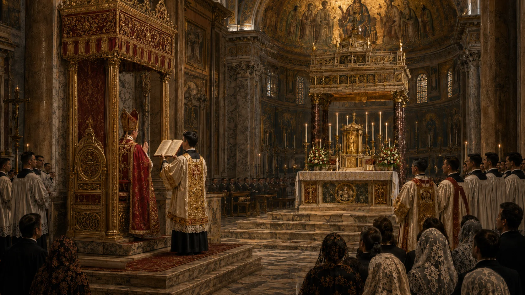Bishop at the sede during solemn Roman liturgy